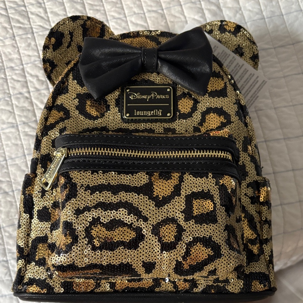Loungefly Leopard Sequin Backpack with Black Bow … - image 1
